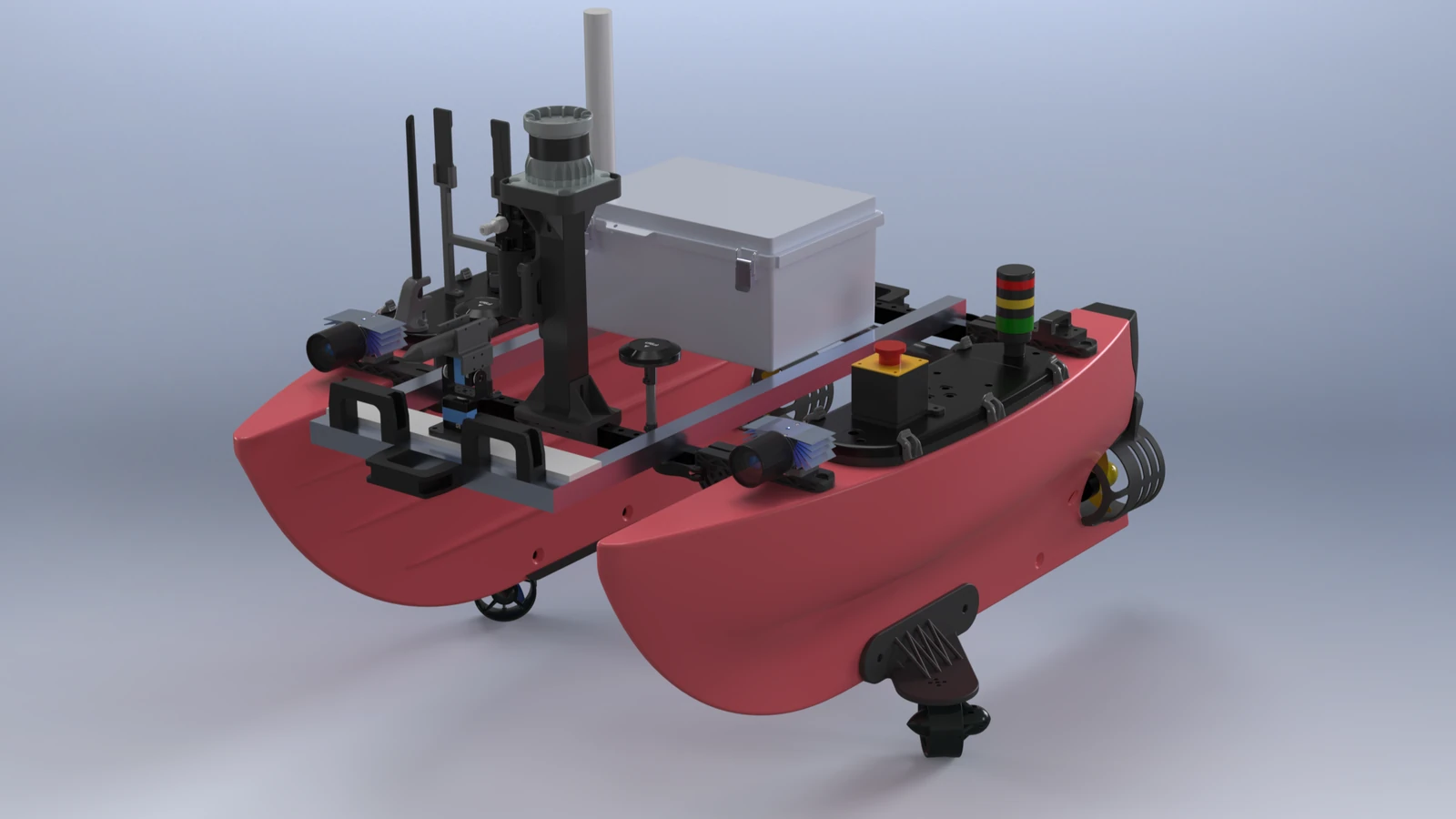 USV 2.0 with twin hulls, perception mast and protected deck equipment